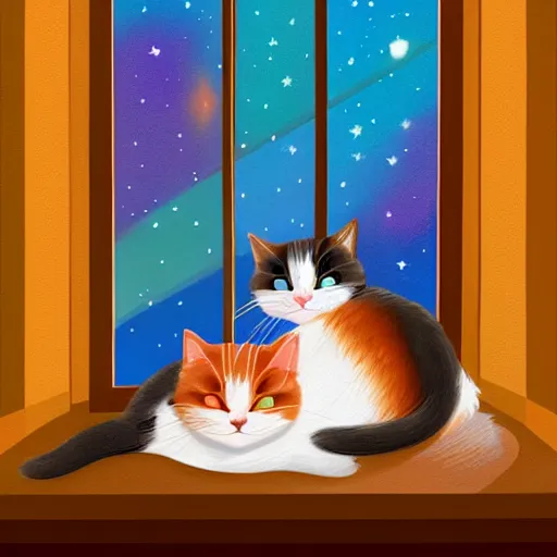 Image similar to two cute multi - colored calico cats sleeping inside a cozy home in the evening, stars shining in the night sky through the window,, artstation, cgsociety, storybook art