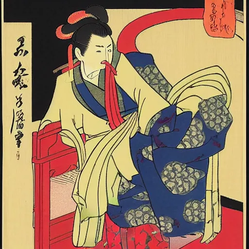 Image similar to urban fantasy ukiyo-e portrait of the androgynous deity of hospitality, wearing a kimono painted with cranes, performing chadō