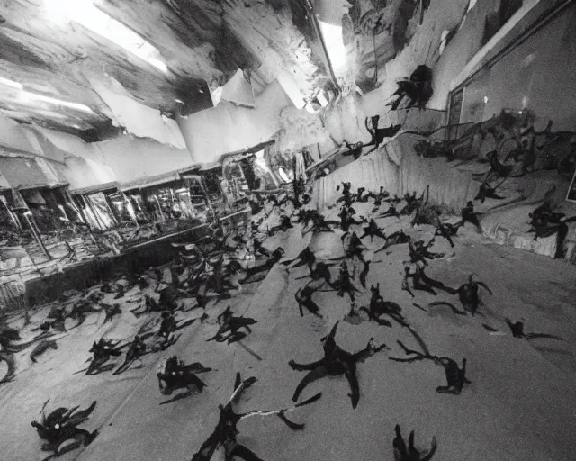 Image similar to camera footage of a Hundreds of Rabid Zerg in an abandoned shopping mall, high exposure, dark, monochrome, camera, grainy, CCTV, security camera footage, timestamp, zoomed in, fish-eye lens, Nightmare Fuel, Aliens, Evil, Zerg, Brood Spreading, Motion Blur, Hive, horrifying, lunging at camera :4