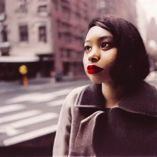 Image similar to medium format film candid portrait of a woman in new york by street photographer, 1 9 6 0 s, depth of field woman portrait featured on unsplash, photographed on colour expired film