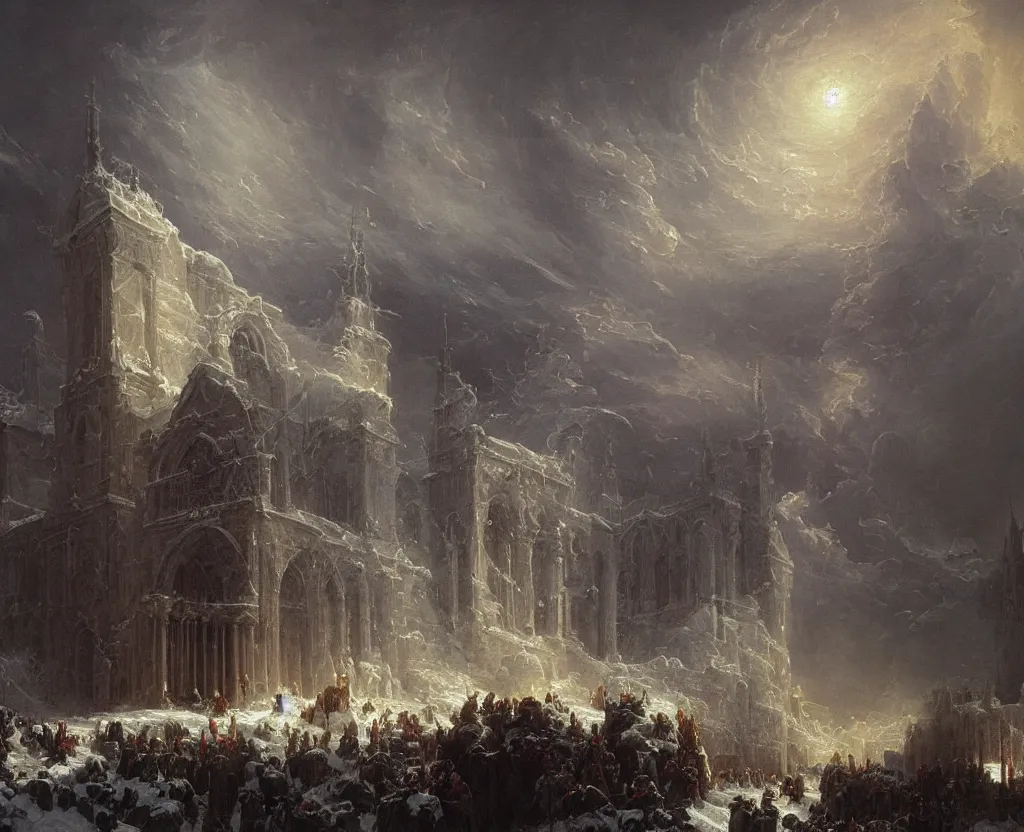 Image similar to pipe organ in winter, fantasy, medieval, grey smoke highly detailed, Artstation, oil on canvas painting by Thomas Cole and john howe and alan lee