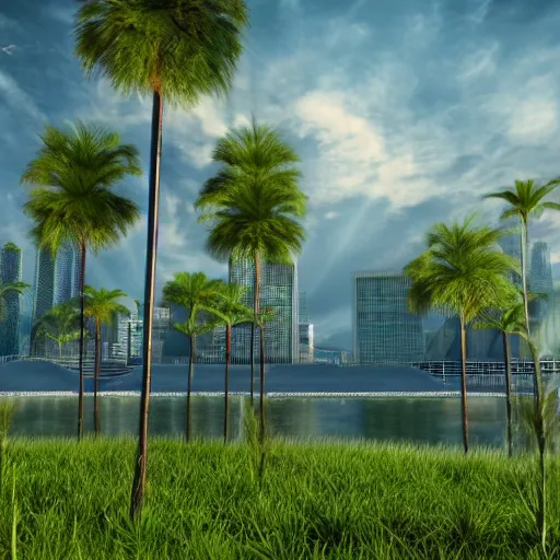 Prompt: futuristic suburb waterfront ultrarealistic 150mpx landscape photography grass trees photorealistic 8k