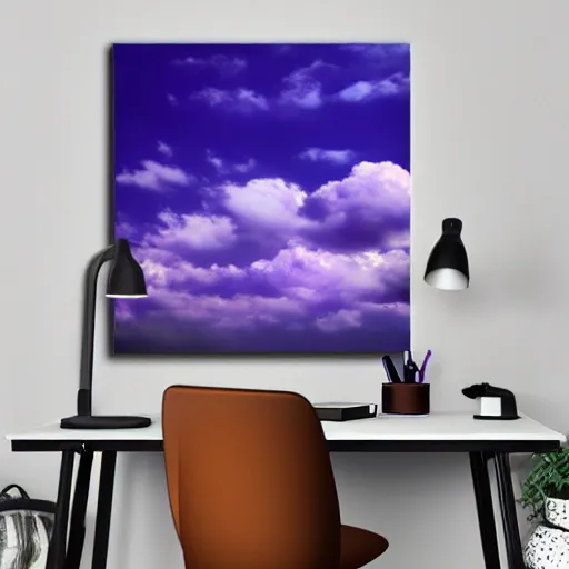 Image similar to realistic panting of a desk on a purple field blue clouds highly detailed trending on art station