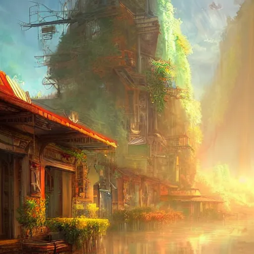 Image similar to Beautiful happy picturesque charming sci-fi city in harmony with nature. Beautiful light. Nice colour scheme, soft warm colour. Beautiful detailed artistic digital painting by Vincent. (2022)