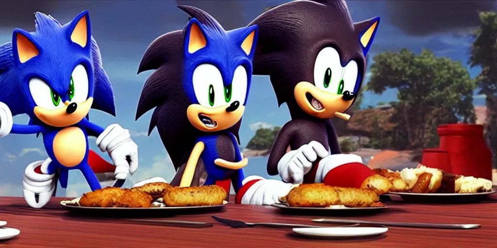 Image similar to A render of Sonic the Hedgehog sitting across from Shadow the Hedgehog at a restaurant, Sonic looks like he is shocked, Shadow is looking away in disgust, they both have hamburgers in front of them on a plate, movie, HDR, moody lighting, unique camera angle from the end of the table and between them