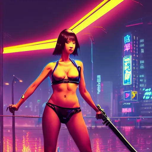 Prompt: beautiful female with katana, short black hair, in bikini, cyberpunk 2077, city background, rainy night, neon glow concept art, sharp focus, intricate, digital painting, artstation, official media, anime key visual, highly detailed, rich vivid colors ambient lighting, illustration, art by Artgerm, Makoto Shinkai, Ilya Kuvshinov, Lois Van Baarle and Rossdraws