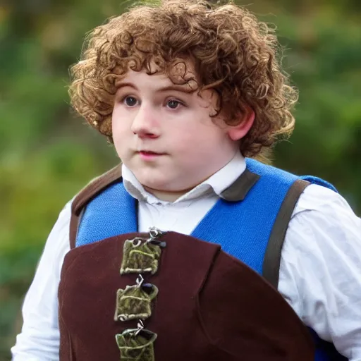 Image similar to (pudgy) british lad with short curly dark brown hair as a hobbit wearing a white men's crossbody sling chest bag and blue vest