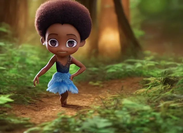 Image similar to black prima ballerina as nendoroid walking in a forest in the croods movie style, anime, disney, pixar, 8 k, hd, dof, kodak film, volumetric lighting, subsurface scattering, photorealistic, octane render, details