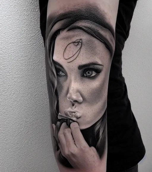 Image similar to creative blend of a hyper realistic mountain scenery with a beautiful woman face, tattoo design sketch, in the style of matteo pasqualin, hyper - realistic, amazing detail, black and white