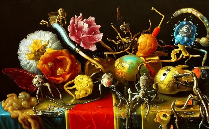 Prompt: disturbing colorful oil painting dutch golden age vanitas still life mutantflowers with bizarre objects strange gooey surfaces shiny metal bizarre insects meat rachel ruysch dali todd schorr very detailed perfect composition rule of thirds masterpiece