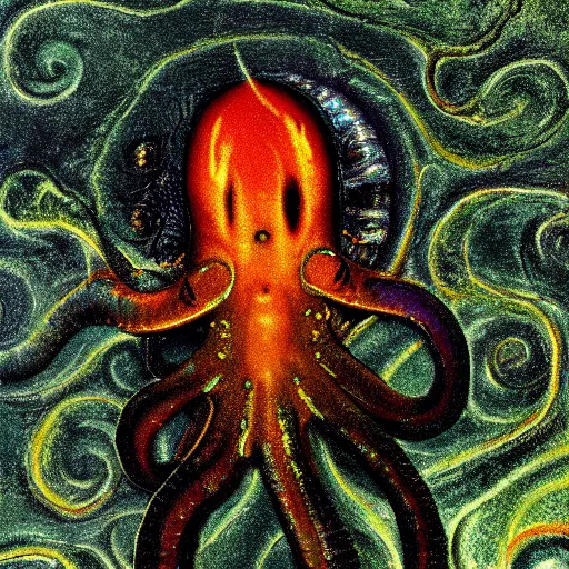 Prompt: fiery whimsical emotional eyes cephalopod, in a photorealistic macro photograph with shallow dof, in the style of a medieval bestiary