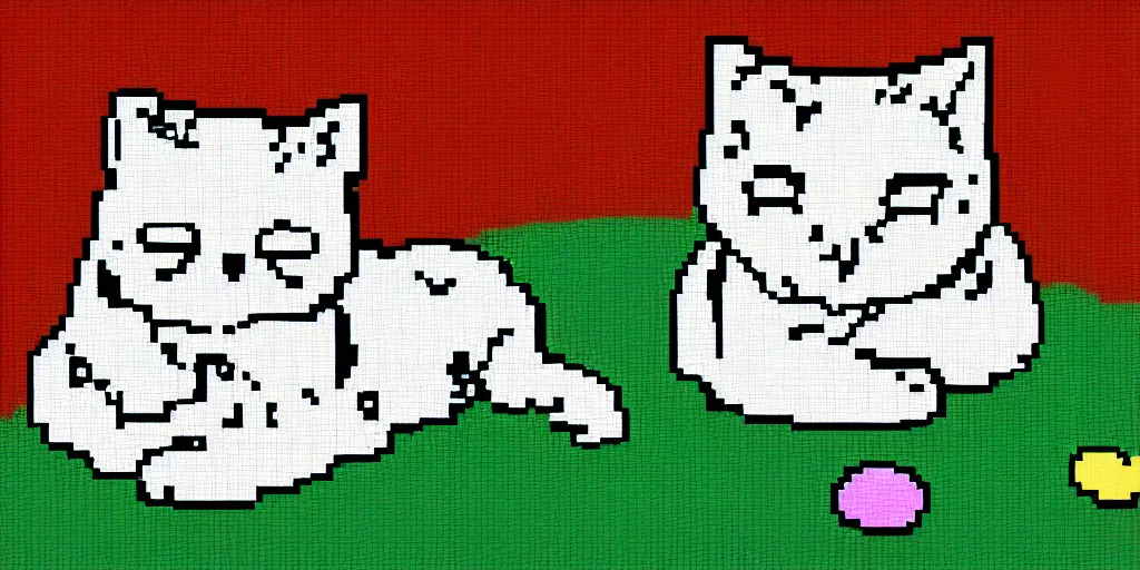 Prompt: pixel art of a cat dreaming. the dream is visible in a thinking bubble