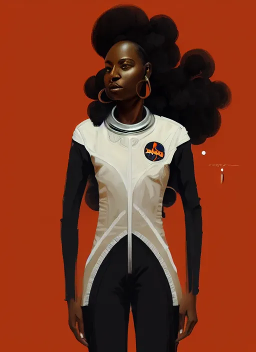 Prompt: full body portrait of young black woman as an astronaut, orange flight jumpsuit, intricate, beautiful and elegant, highly detailed, digital painting, artstation, concept art, smooth, sharp focus, illustration, art by wlop, mars ravelo and greg rutkowski