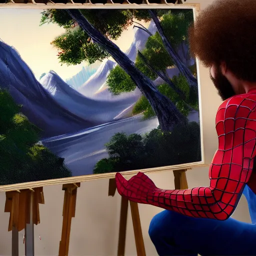 Image similar to a closeup photorealistic photograph of bob ross working on a canvas painting of spiderman. film still. brightly lit scene. mountains and trees. this 4 k hd image is trending on artstation, featured on behance, well - rendered, extra crisp, features intricate detail, epic composition and the style of unreal engine.