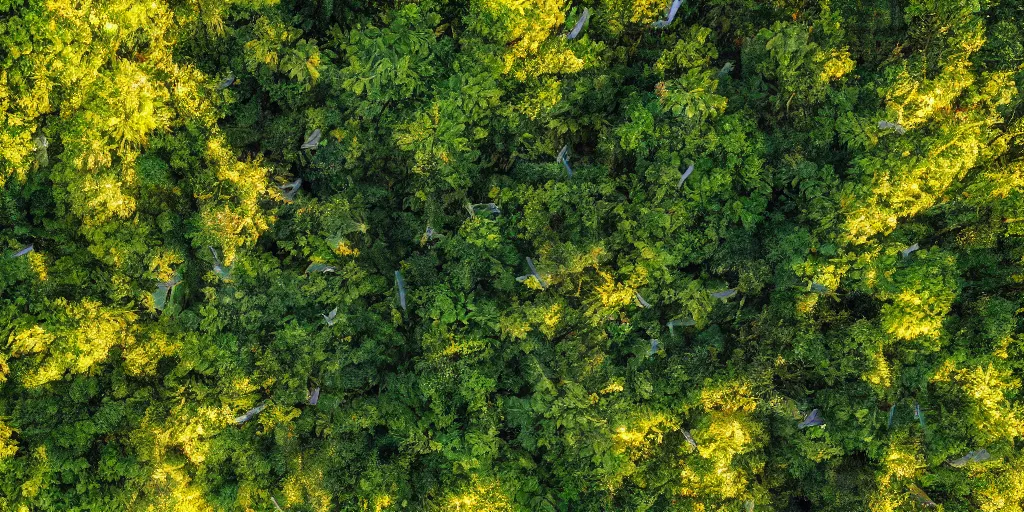 Prompt: horizontal view of sunlit rainforest treetops with flying birds, photograph, 4 k