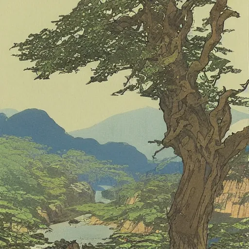 Image similar to lush, threatening by hiroshi yoshida. the print is of a small village with a river running through it. in the distance, there are mountains. the sky is clear & the sun is shining.