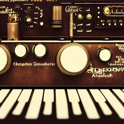 Prompt: a steampunk synthesizer, closeup details, cinematic light,