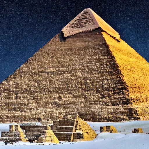 Image similar to photorealistic photograph of the great pyramid of giza in a blizzard by suzi eszterhas, photorealism, photorealistic, realism, real, highly detailed, ultra detailed, detailed, f / 2. 8 l canon ef is lens, canon eos - 1 d mark ii, wildlife photographer of the year, pulitzer prize for photography, 8 k