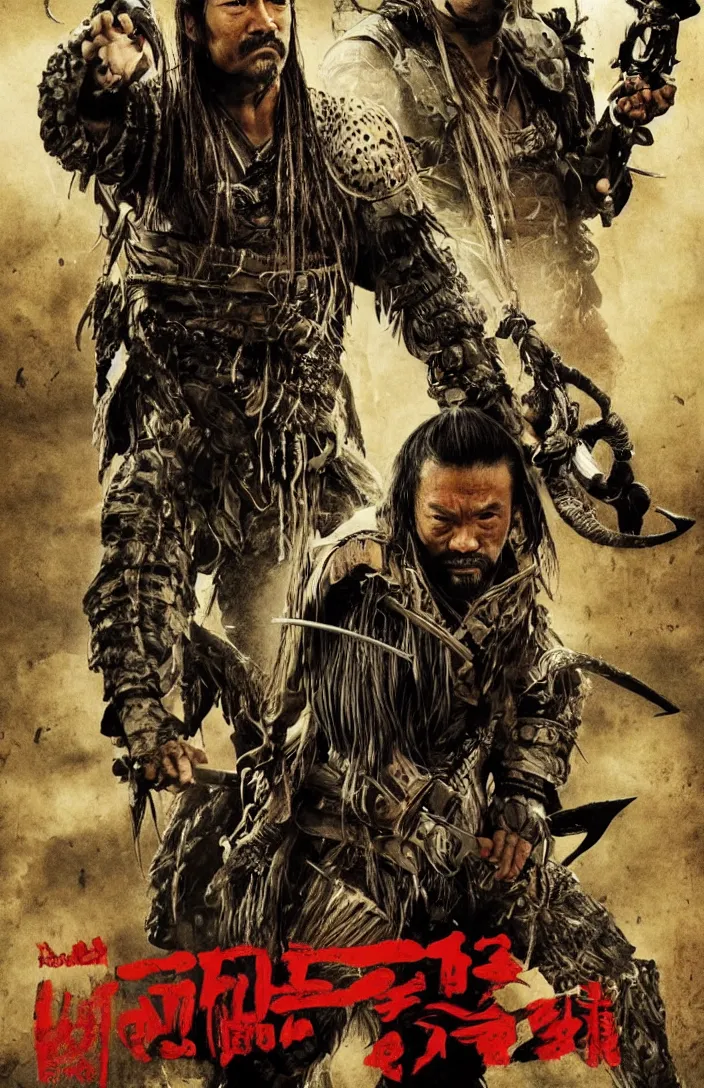 Prompt: movie poster for predator film shot in feudal japan staring hiroyuki sanada as a disgraced ronin who hunts down the predator after he fails to protect his master from it. in the style of al kallis and reynold brown.