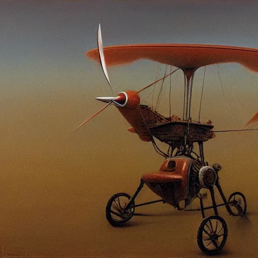 Image similar to a gyrocopter by Zdzisław Beksiński, oil on canvas