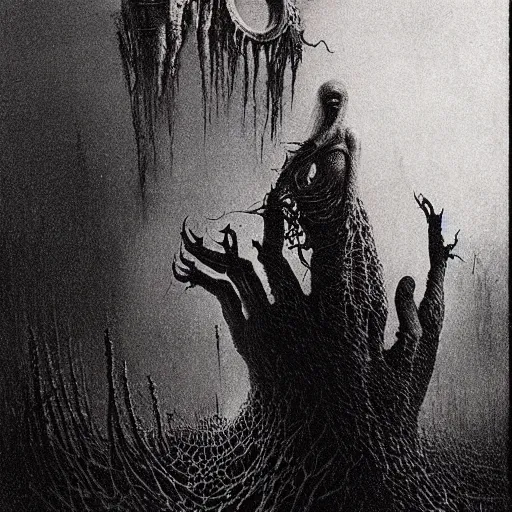 Image similar to A lovecraftian eldritch horror drawn by Beksinski