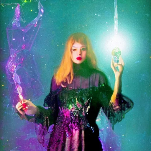 Prompt: beautiful witch holding a glowing crystal, insane colors deep acid trip, film still