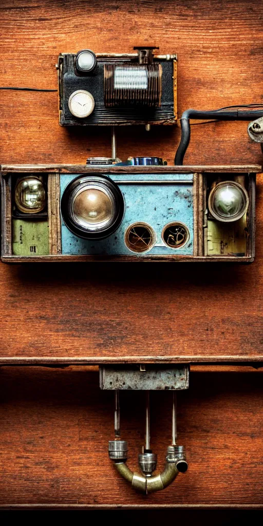 Prompt: A photo of a very old opened device with a camera lens, vacuum tubes, film, capacitors and coils inside, on an old wooden table by Annie Lebovitz, Laura Letinsky and Steve McCurry, grungy, weathered Ultra detailed, hyper realistic, 4k