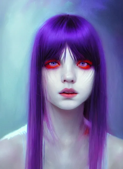 Image similar to hair whitebangs hair, black hair, whitebangs, portrait of teenage girl with white bangs, red irises, purple clothes, white bangs, bangs are different color from hair, intricate, elegant, glowing lights, highly detailed, digital painting, artstation, concept art, smooth, sharp focus, illustration, art by wlop, mars ravelo and greg rutkowski