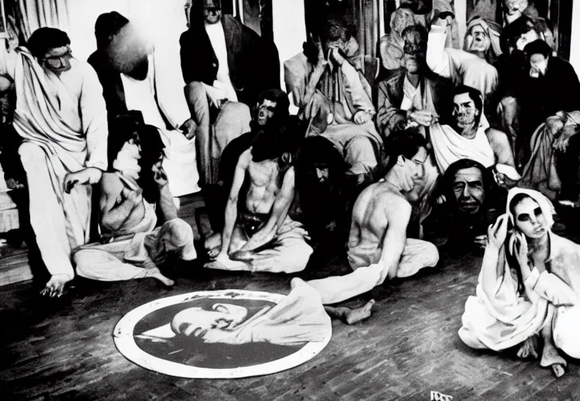 Prompt: smoke session for the ages: Gandhi , Obama, Jesus, And Lady GaGa in a circle on the floor getting high by Andy Warhol and Edward Curtis