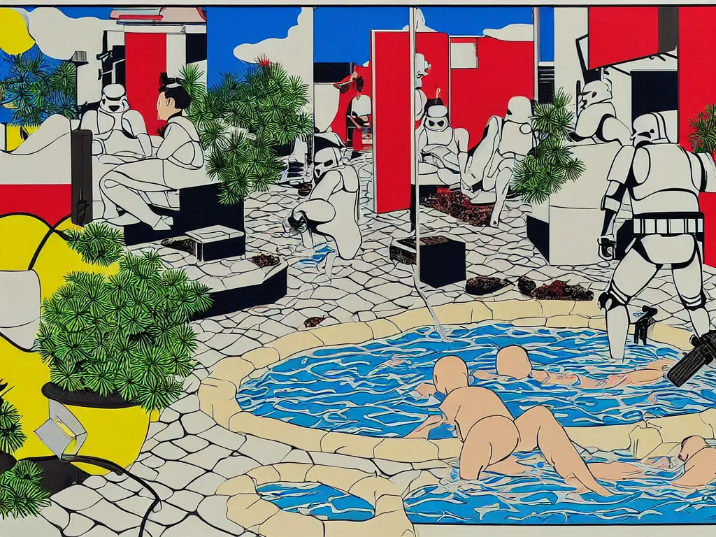 Image similar to hyperrealism composition of the japanese house with a hot springs in the garden, two detailed stormtroopers bathe in a hot spring, pop - art style, jacky tsai style, andy warhol style, roy lichtenstein style, acrylic on canvas