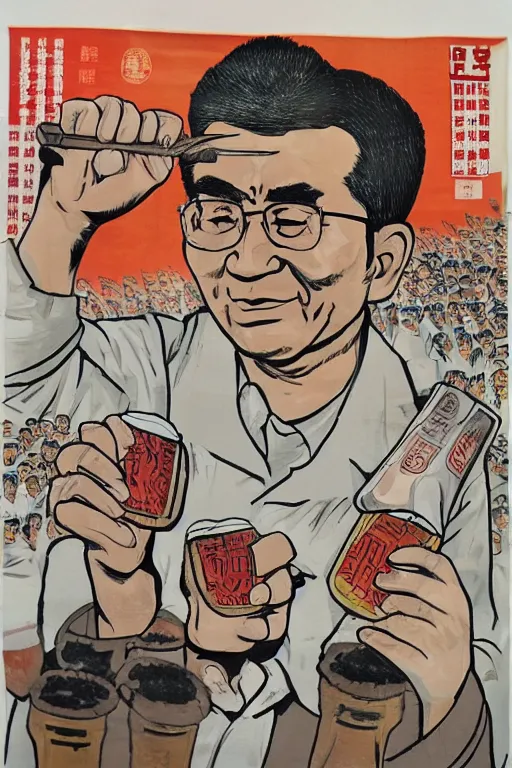 Image similar to worker revolution drinking beer and fried chicken through his head, wang guangyi and yu zhenli art style, higly detailed