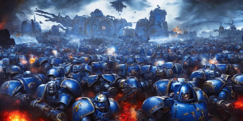 Image similar to warhammer 40k ultramarines, adeptus astartes, on the battle field, explosions and ruined empire on the background, digital art, illustration, wide angle, fine details, cinematic, highly detailed, octane render, 4k, unreal engine