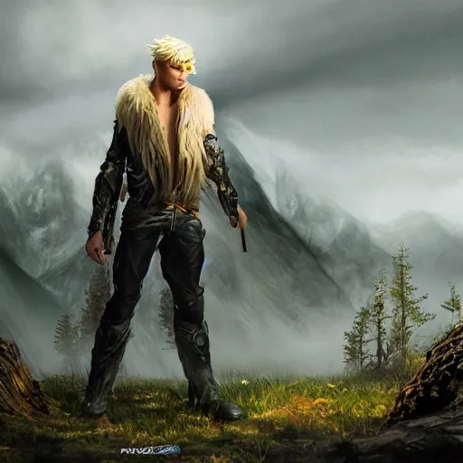 Image similar to blonde boy fantasy thief, realistic, ultra detailed, menacing, powerful, dark, shallow focus, forest, mountains in the background concept art design as if designed by Wētā Workshop