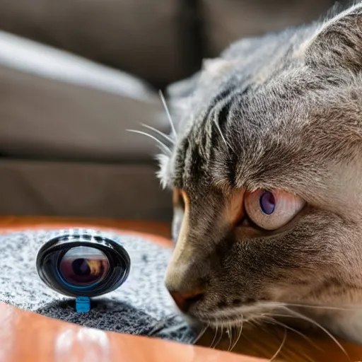 Image similar to a curious cat staring at a fish eye lens camera on the couch