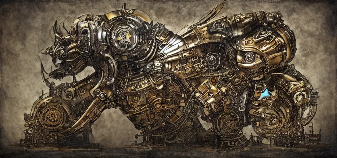 Prompt: mechagodzilla, steampunk automaton, mechanical, medieval style fresco, mutant, detiled, clockwork, 4 k, fineart, anatomy of a machine, manuscript