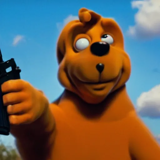 Prompt: scooby doo holding a gun, film still from the movie directed by denis villeneuve with art direction by bill ward, wide lens