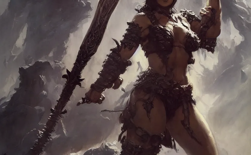 Image similar to A full portrait of a beautiful berserker woman, with an oversized sword, by Frank Frazetta, Greg Rutkowski, Boris Vallejo, epic fantasy character art, Exquisite detail, post-processing, masterpiece, cinematic