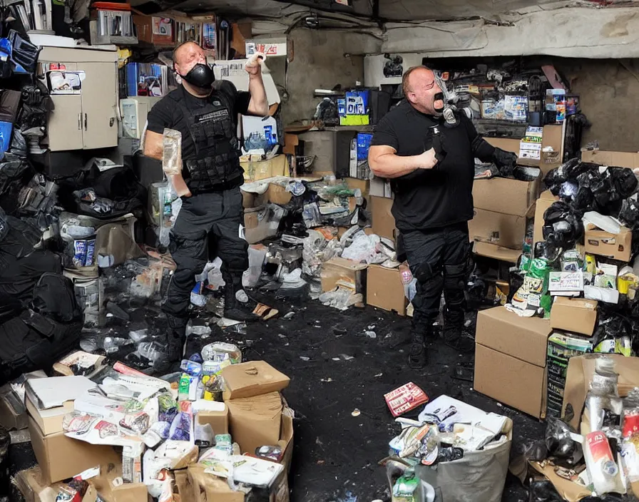 Image similar to Alex Jones in his garage office INFOWARS studio fighting a group of SWAT police, surrounded by boxes of herbal supplements and trash, tear gas and smoke, detailed photograph high quality