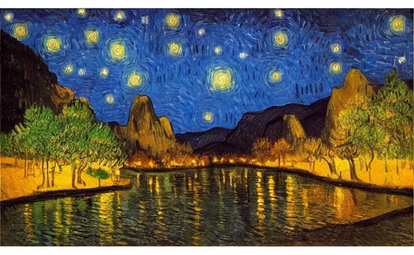 Prompt: yosemite national park at night, painting by van gogh, oil paint,