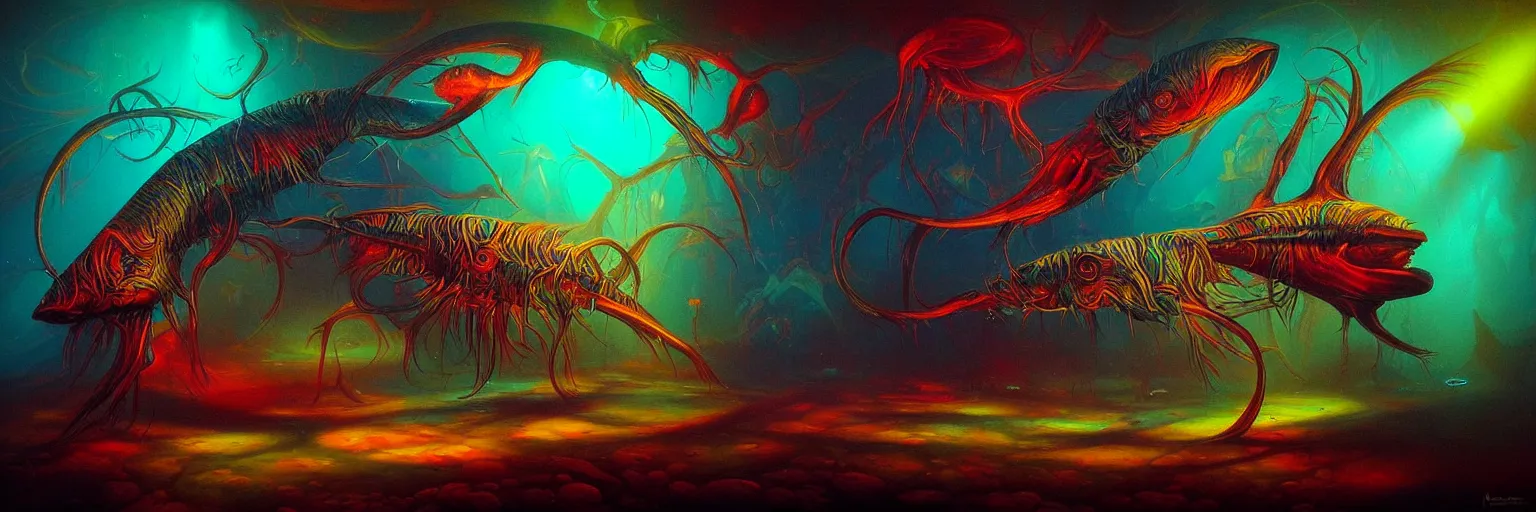 Image similar to strange alien fish creatures from the depths of the collective unconscious, dramatic lighting, surreal darkly colorful painting by ronny khalil