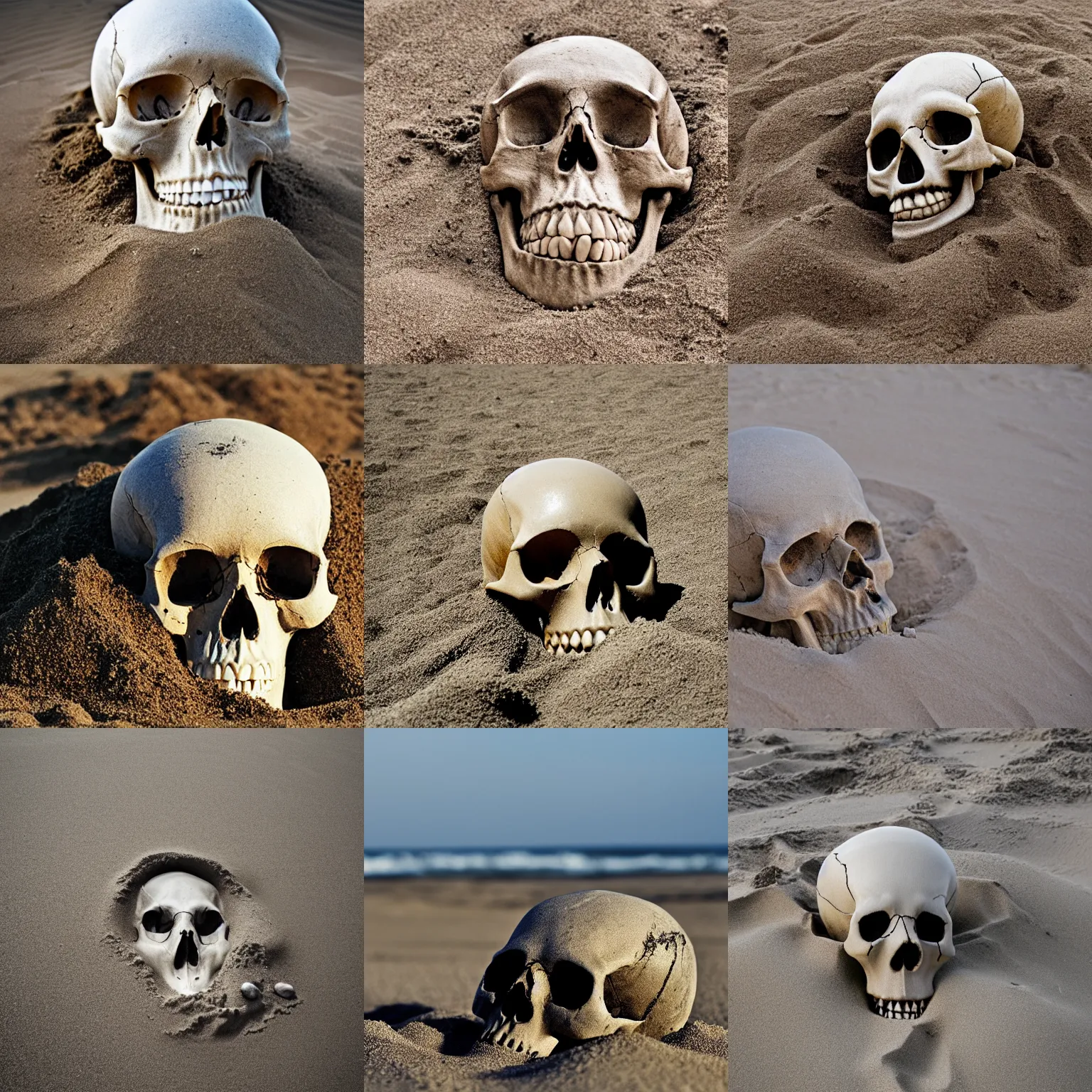 Prompt: a skull buried in sand