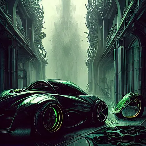 Image similar to shiny cyberpunk vehicle reminiscent of fast car with robotic enhancements parked in ancient mystic woods, gothic and baroque, brutalist architecture, ultradetailed, creepy ambiance, fog, artgerm, giger, Intricate by Ellen Jewett and Josan Gonzalez and Giuseppe Arcimboldo