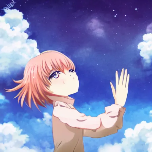 Image similar to cute anime girl looking in the sky surrounded by clouds