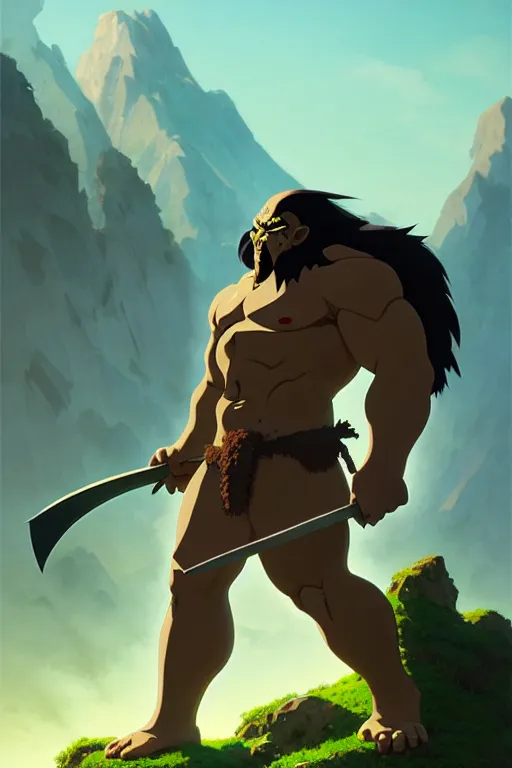 Image similar to orc barbarian male, green skin, exquisite details, big axe, earth magic, mid view, design on a white background, by studio muti, greg rutkowski makoto shinkai takashi takeuchi studio ghibli