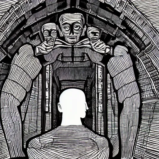 Prompt: a huge human head that has a person inside of it looking out very cinematic highly detailed intricate