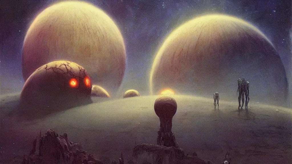 Image similar to eerie atmospheric evolving alien planet by gerald brom and vincent di fate, epic cinematic matte painting