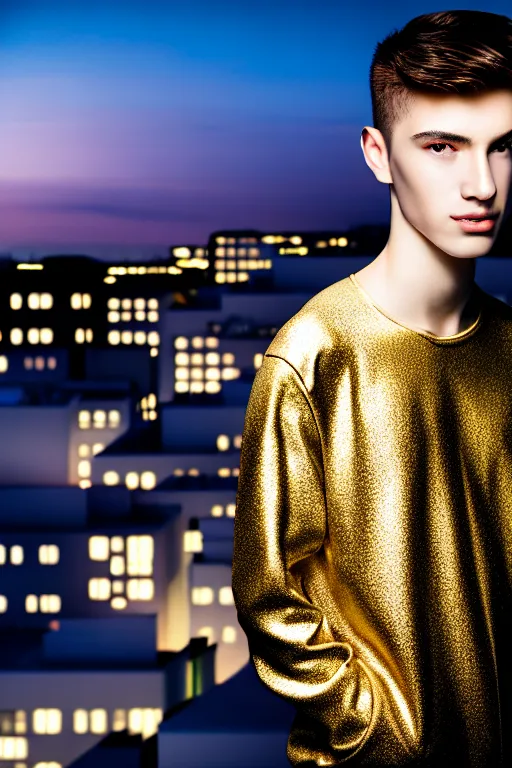 Image similar to un ultra high definition studio quality photographic art portrait of a young man standing on the rooftop of a british apartment building wearing soft padded silver pearlescent clothing. three point light. extremely detailed. golden ratio, ray tracing, volumetric light, shallow depth of field. set dressed.