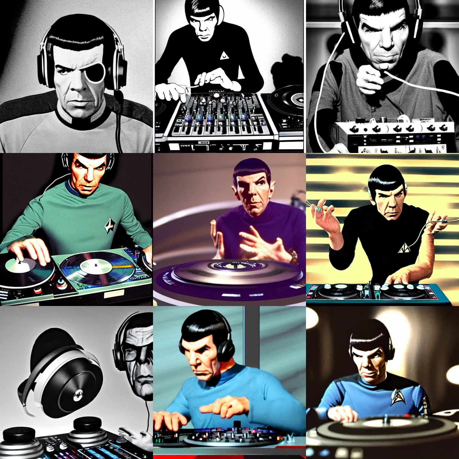 Prompt: spock wearing headphones DJing with DJ turntables, photoreal