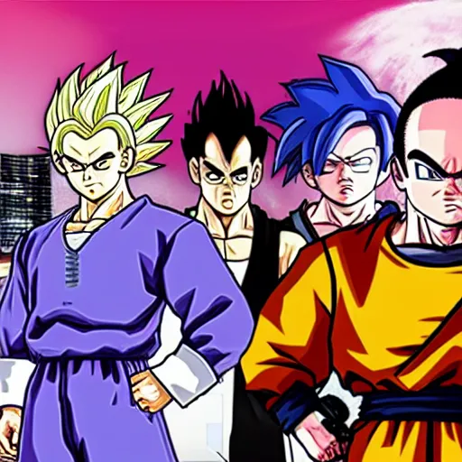 Prompt: grand theft auto in the dragon ball z universe, anime, fighting enemies