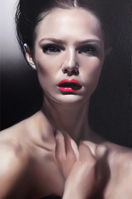 Prompt: hyperrealism oil painting, close - up portrait, fashion model face fully in black silk, complete darkness, in style of classicism mixed with 8 0 s sci - fi hyperrealism